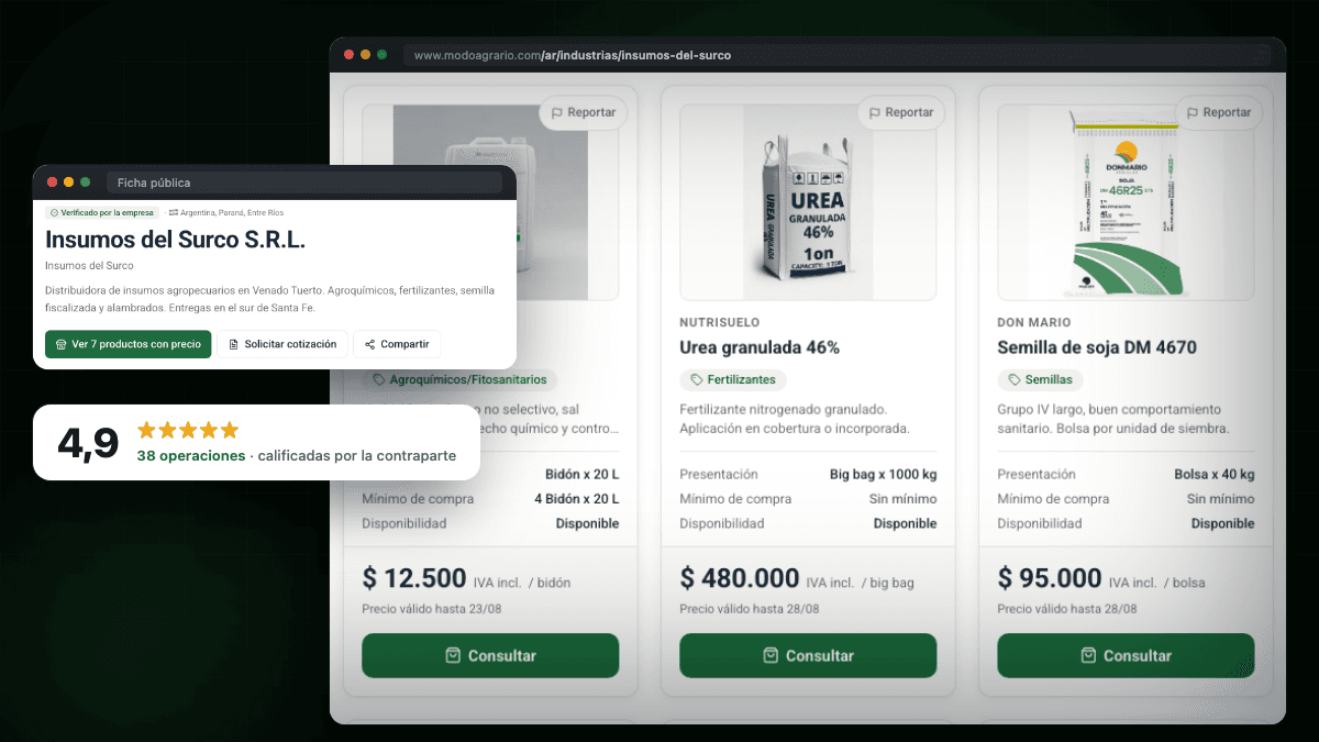 Tienda y ficha de un distribuidor en Modo Agrario: catálogo con precio, presentación y vigencia, y la ficha pública de la empresa